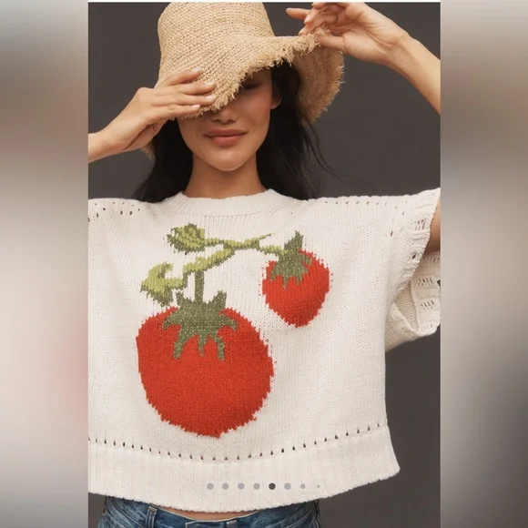 NWT Anthropologie Maeve Short-Sleeve Crew-Neck Veggie Motif Graphic Sweater L